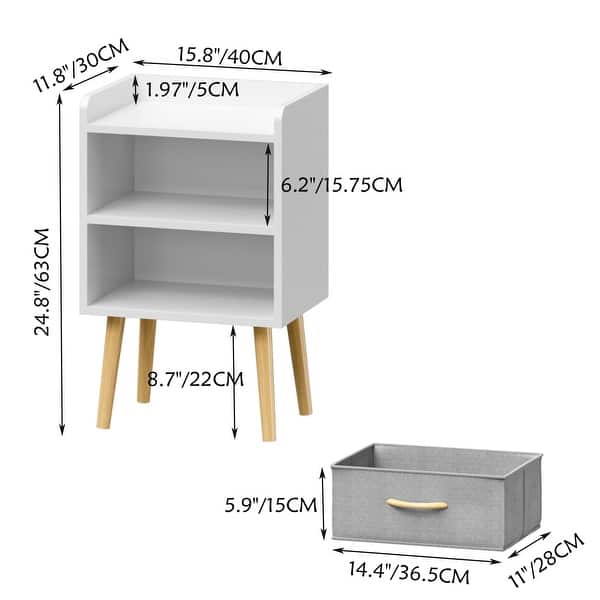 dimension image slide 1 of 2, Kids Wood Side Table Nightstand With Fabric Drawer and 2-Tier Shelf