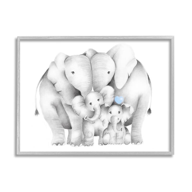 Stupell Happy Elephant Family Blue Heart Pop Baby Animals Framed Wall Art - 16 x 20 - Grey
