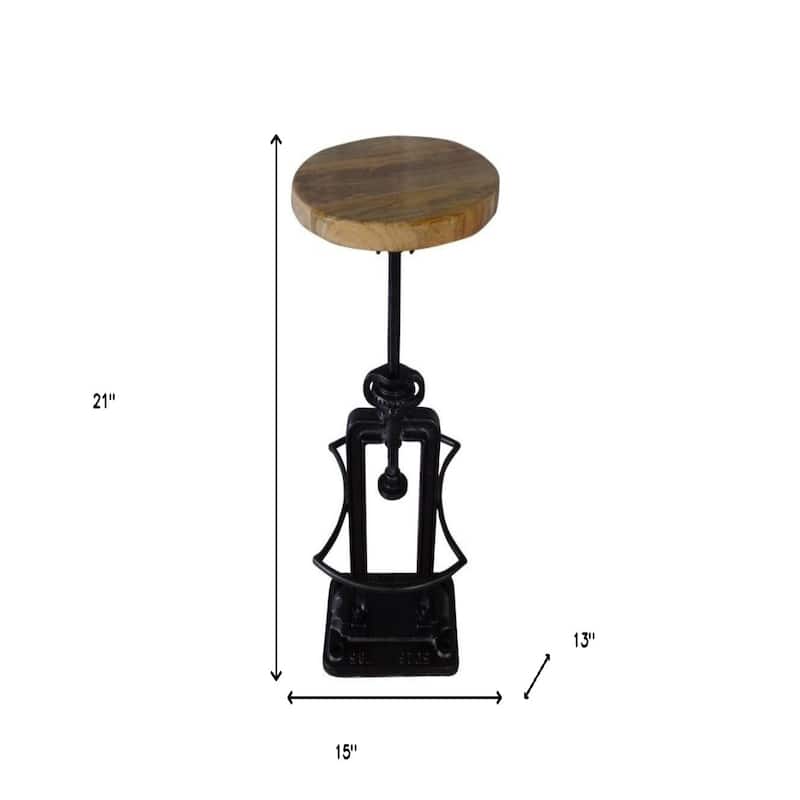 Black Iron and Mango Wood Round Adjustable Bar Stool with Footrest 27 Inch - 13" x 15” x 21” (D x W x H)