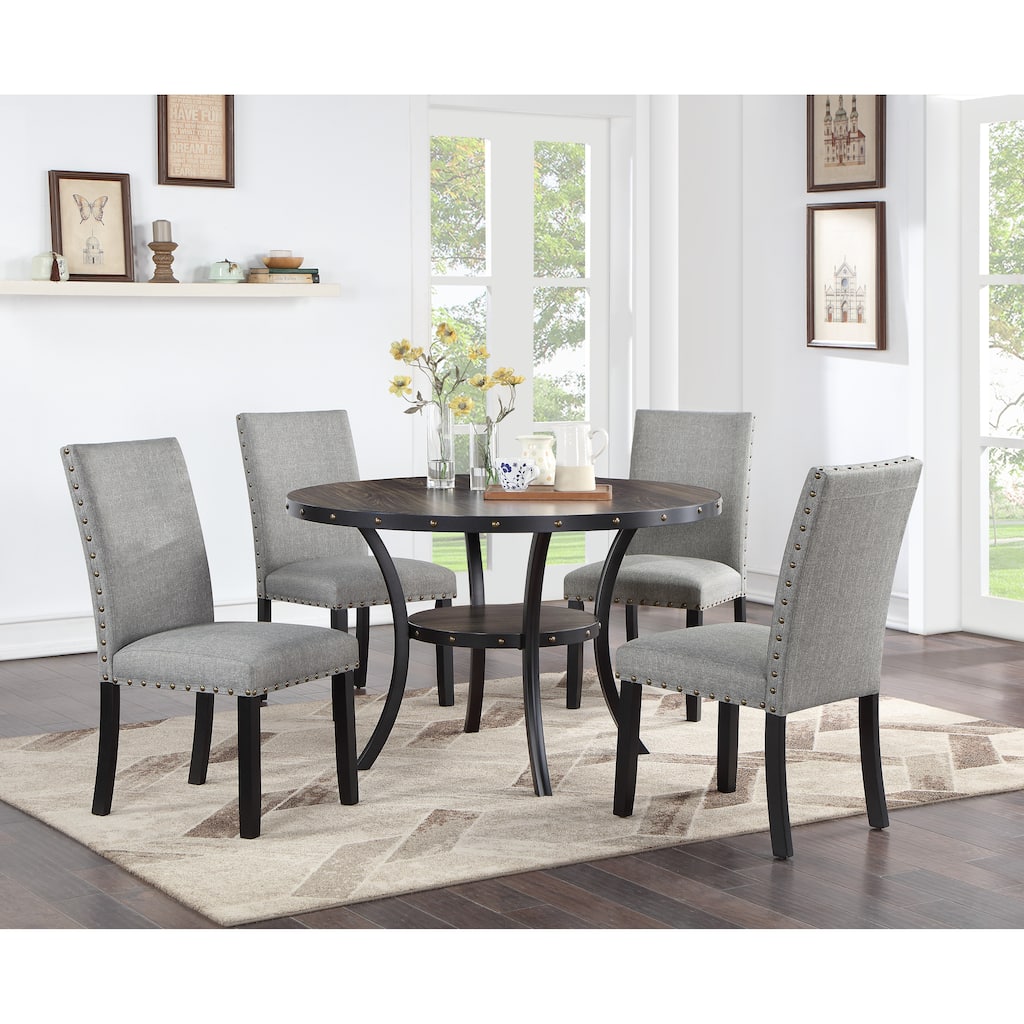 Modern Classic Dining Room Furniture Natural Wooden Round Dining Table 4x Side Chairs Gray Fabric Nail heads Trim and St