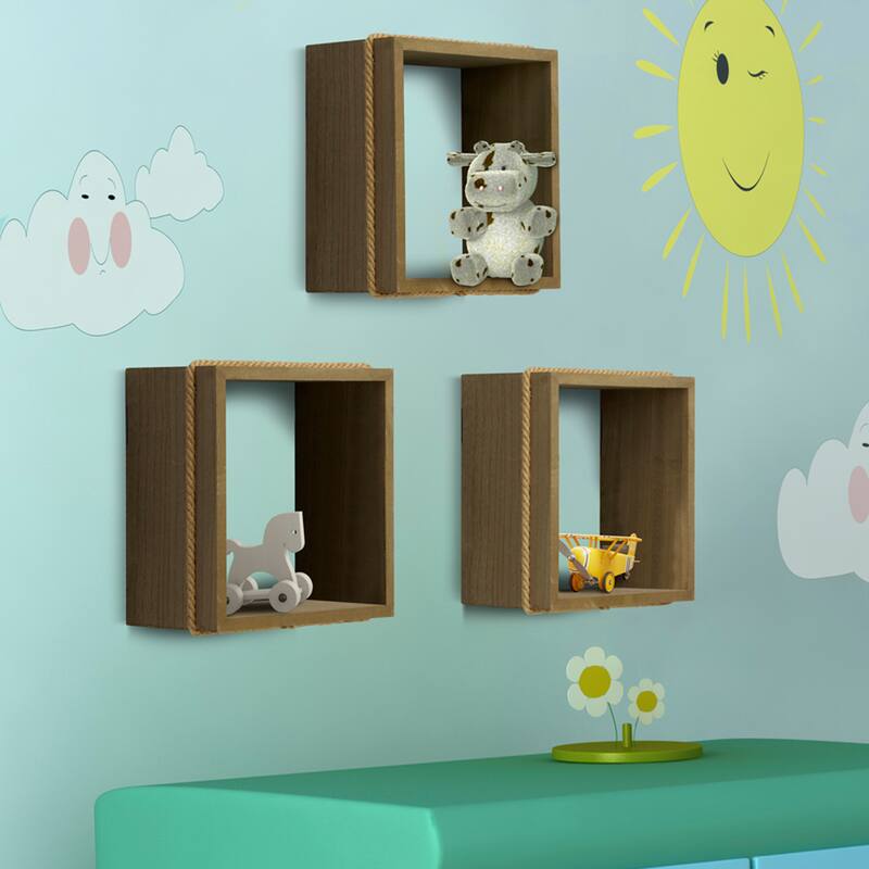 Melannco Set of 3 Floating Brown Cube Shelves, 11x11 Inch