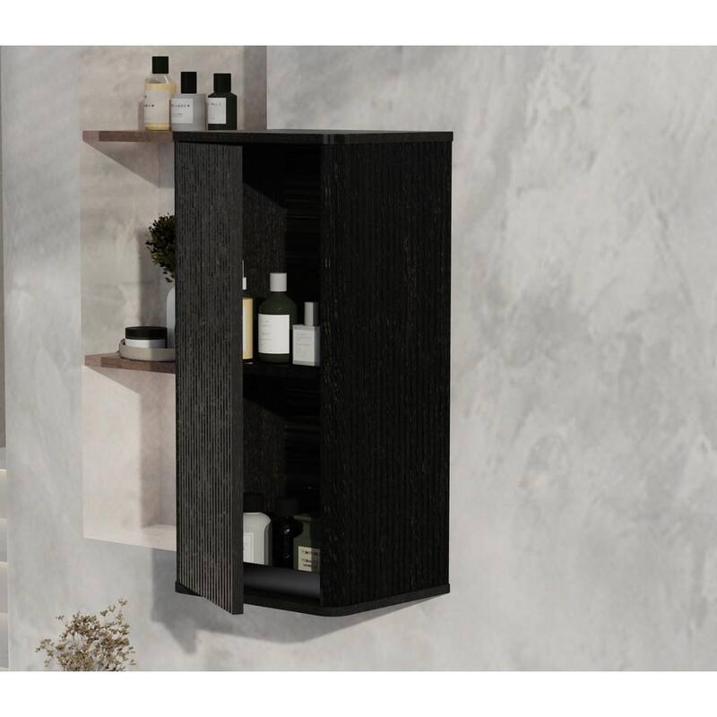 Wall-Mounted Floating Side Cabinet with Chic Striped Textures, Safe Curvy Design, Push-Open Door and Inside Shelves