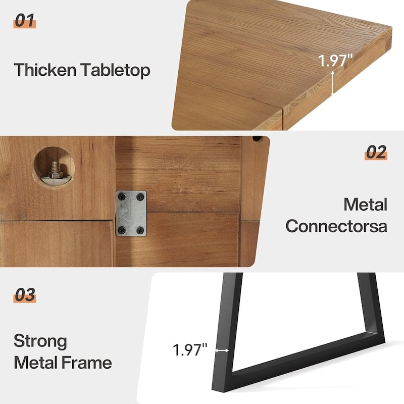 63" Solid Wood Industrial Dining Table for 4-6 People, Rectangular Kitchen Table with Heavy-Duty Metal Legs
