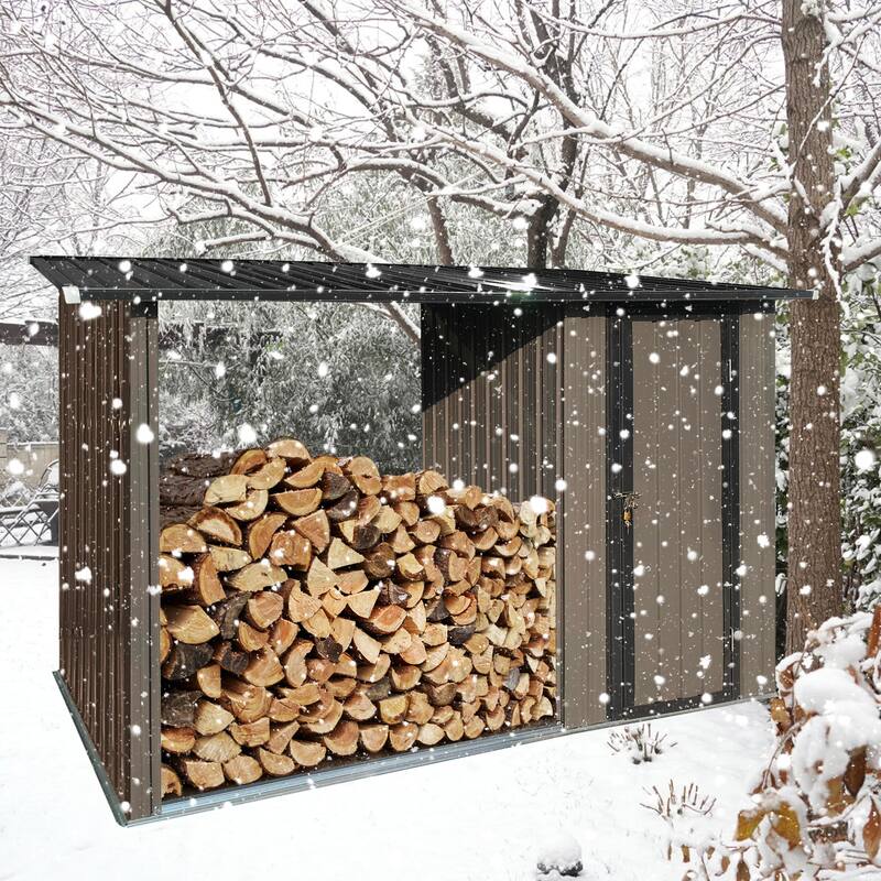 Outdoor Metal Firewood Rack And Storage Shed, Brown And Black, Two-In-One Function