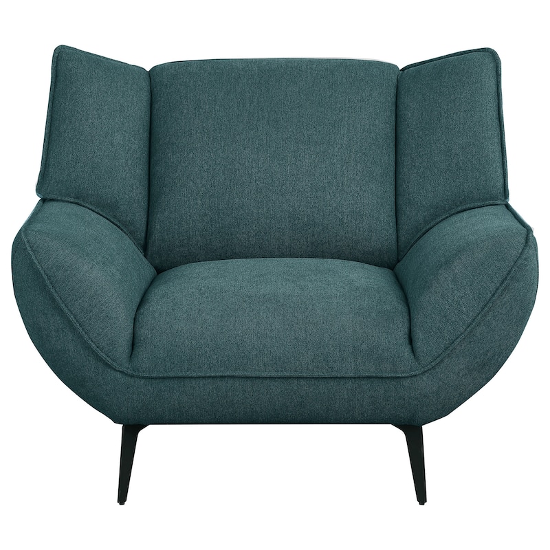 Toer 43 Inch Accent Sofa Chair, Flared Arms, Teal Blue Fabric, Black Metal
