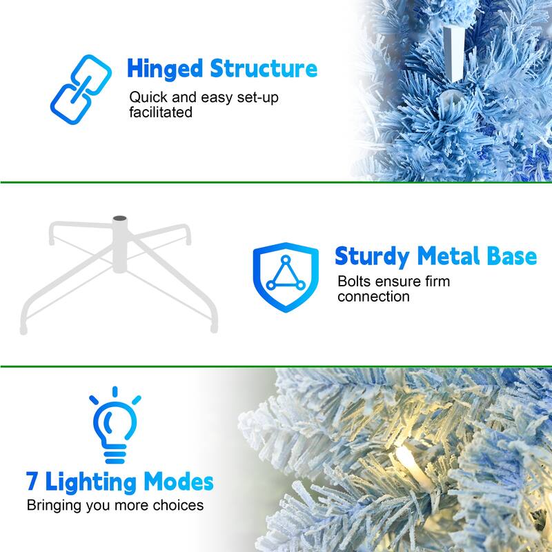 7ft Blue Gradient Flocked Pencil Christmas Tree With 300 Warm White Led Lights, 725 Tips,Metal Stand-Narrow Prelit Tree
