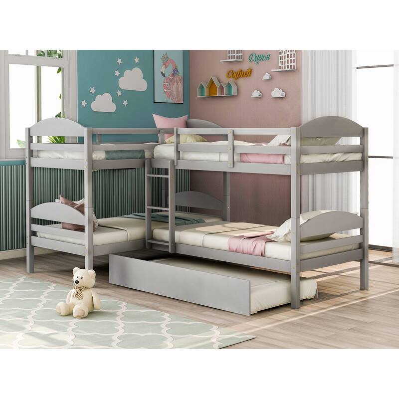 Twin Over Twin Triple Bunk Bed with Trundle Bed, L-Shaped Bunk Bed with Ladder, Wooden Bunkbed Frame for 4 Kids Boys Girls Teens - Gray - Twin