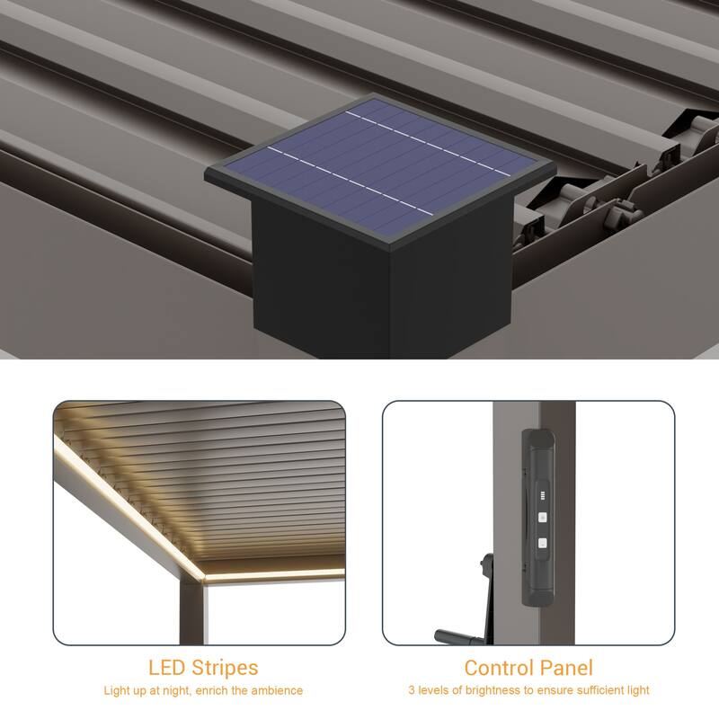 LIVOOSUN Outdoor Detachable Control Panel LED Equipped Pergola, Solar and USB Charging Options, Brown