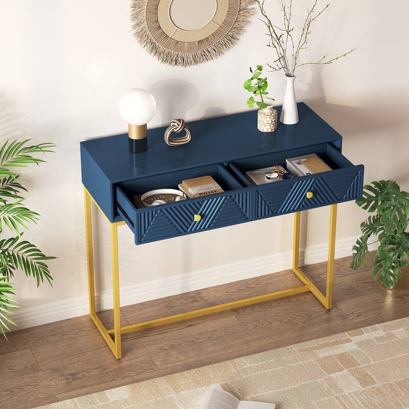 38" Modern Console Table with Two Drawers and Gold Metal Base for Entryway, Living Room