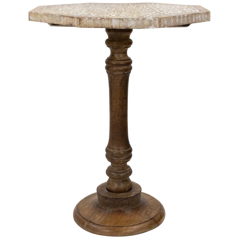 21" Wood Brushed White Engraved Paisley Octagonal Pedestal Side Table