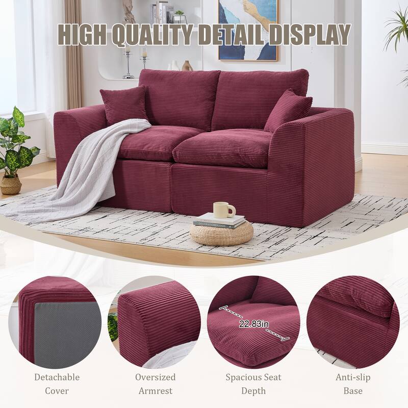 Ergonomic Corduroy Cloud Couch Modular Loveseat Sofa with Curved Armrests, High-Density Foam Support and Detachable Covers