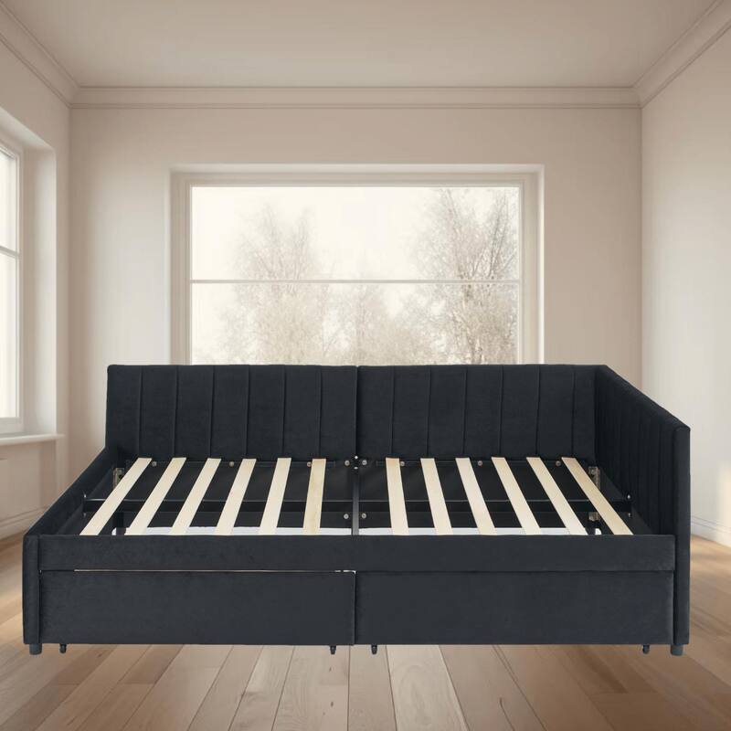 Full Size Upholstered Tufted Platform Bed Frame with 2 Drawers and Armrests, Stylish Velvet Sofa Bed for Bedroom, Daybed
