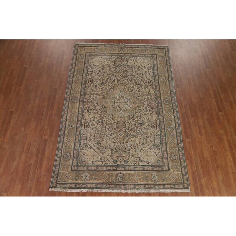 Hand Knotted Oriental 100% Wool Carpet Traditional Medallion Peach Tabriz Area Rug - 9' 7'' X 6' 5''