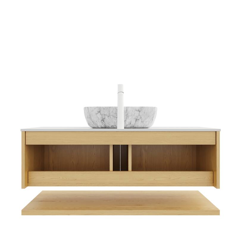 GDFStudio - Hizon Modern 48" Floating Bathroom Vanity with Ceramic Basin, Corolla Oak Finish & Open Shelf, WITHOUT Faucet