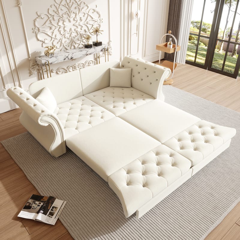 Chesterfield Pull Out Sofa Bed, Oversized 3-Seater/4-Seater Velvet Couch with Flared Arms, Convertible Sleeper Sofa