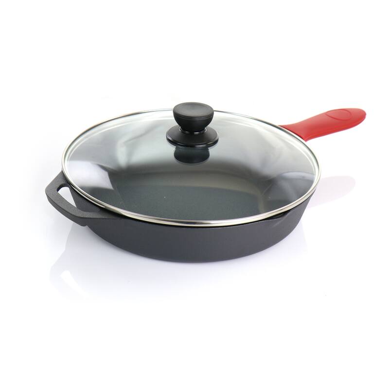 MegaChef Pre-Seasoned 6Pc Cast Iron Skillet Set w/Lids and Red Holders