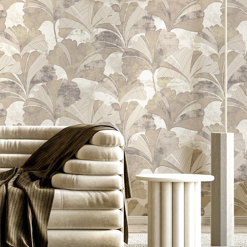 Galerie Wallcoverings Stratum Collection Ginko Leaf Vinyl on Non-woven Metallic Wallpaper Roll Double Width
