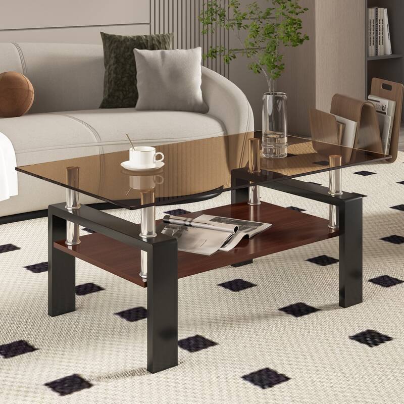 Rectangle Coffee Table, Tempered Glass Tabletop with MDF Layer, Modern Table for Living Room, Brown Glass