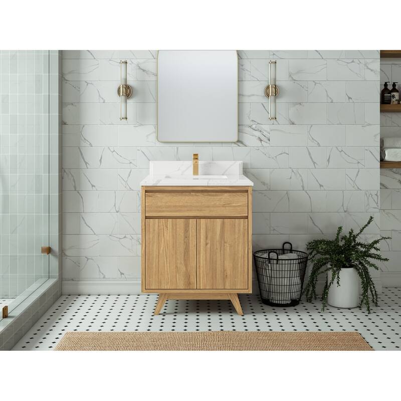 Willow Collections 30 in. W x 22 in. D Madison teak Single Sink Bathroom Vanity with Countertop - 1.5"Calacatta  - Light Natural