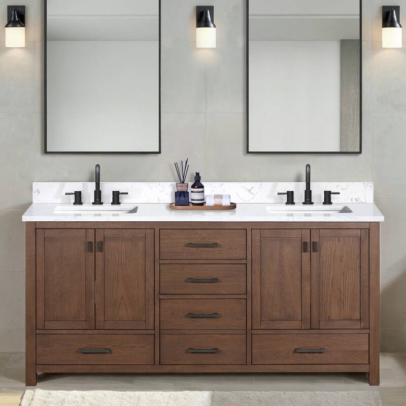 Avanity Modero 72 in. Double Sink Bathroom Vanity with Engineered Stone Top - 73"W x 22"D x 35"H - Mocha Oak