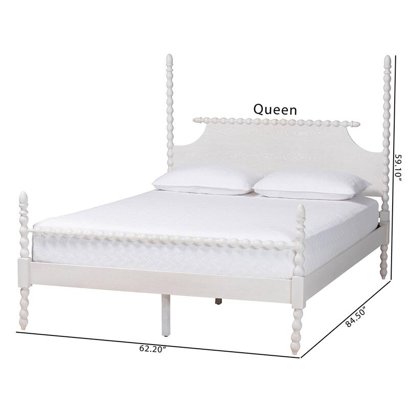 Caliana Bobbin Four-Poster Platform Bed - Wooden Bed Frame with Turned Spindle Posts and Panel Headboard, Vintage-Inspired Style