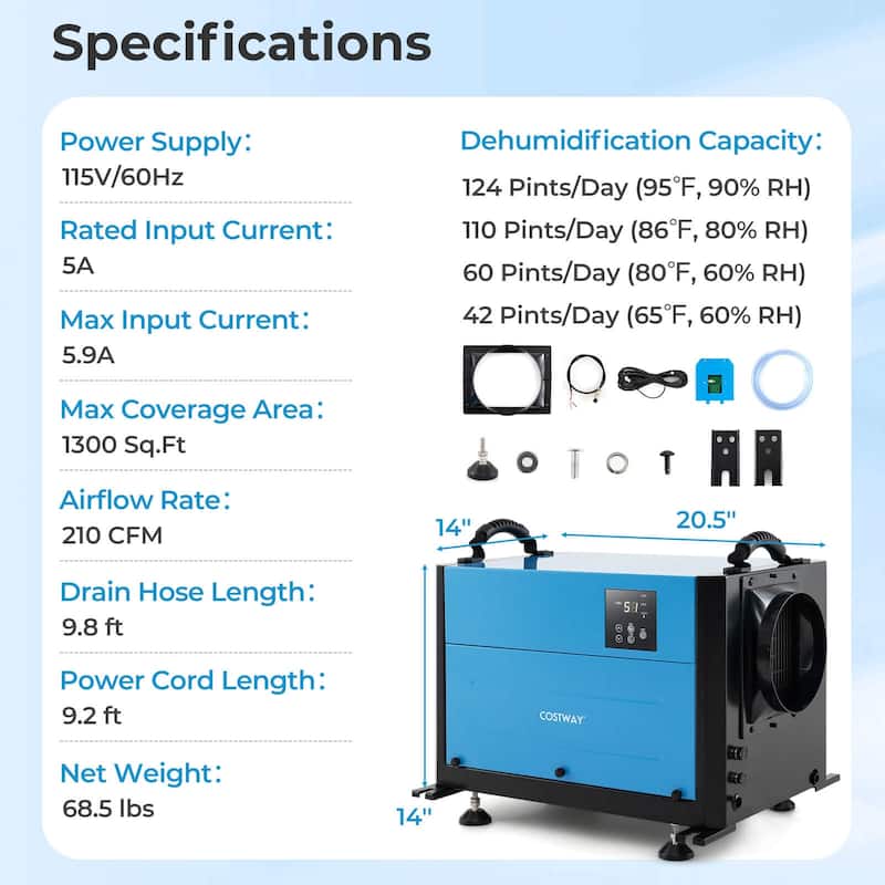 Costway 124 Pint Crawl Space Dehumidifier Commercial Dehumidifier with - See Details