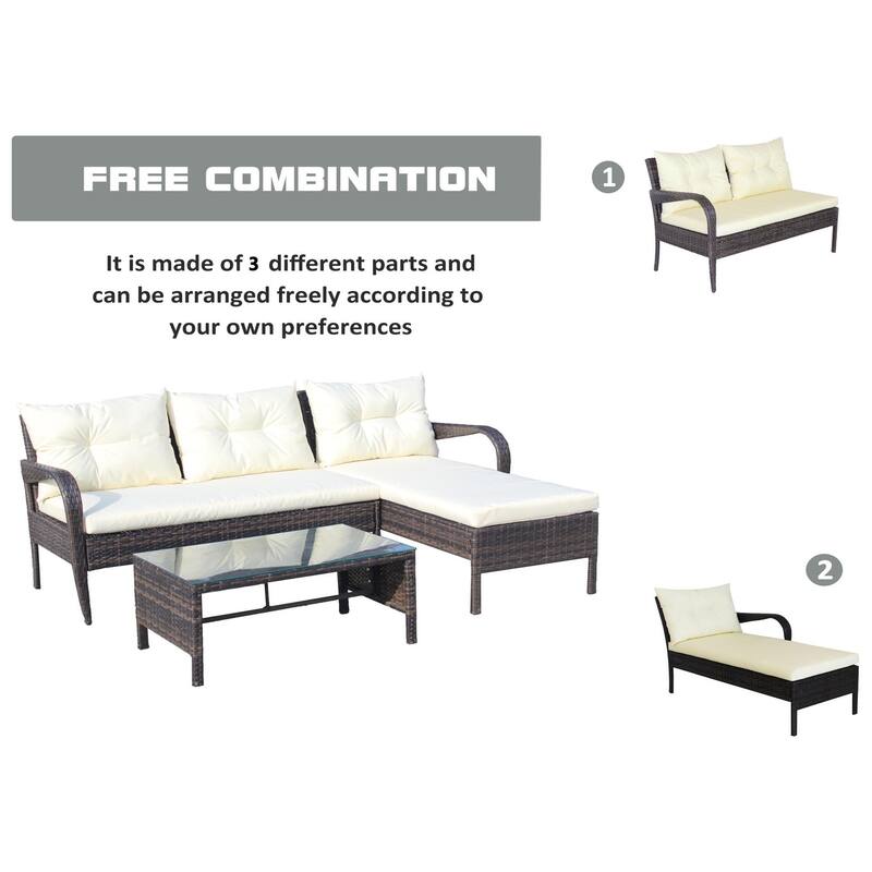 2-Piece Outdoor PE Wicker Sectional Sofa Set with Two-Seater & Lounger, Beige Cushions,Rattan Patio Furniture set - Rattan