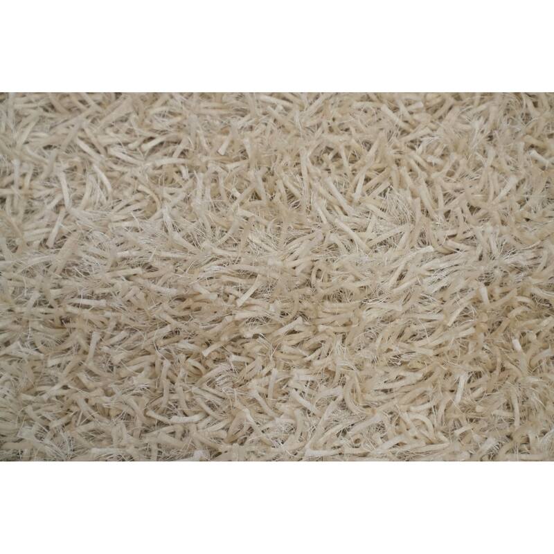 Hand Knotted Oriental Polyester Carpet Modern Solid Beige & Ivories Shaggy Area Rug - 3' 6'' X 1' 10''