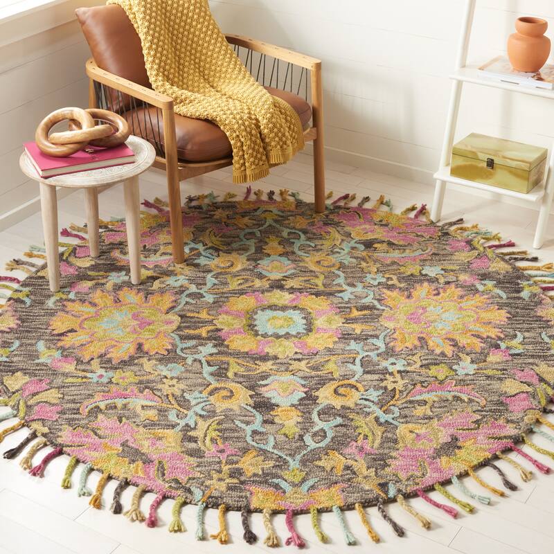 SAFAVIEH Handmade Blossom Veroonika Modern Floral Wool Rug - 6' Round - Charcoal/Multi