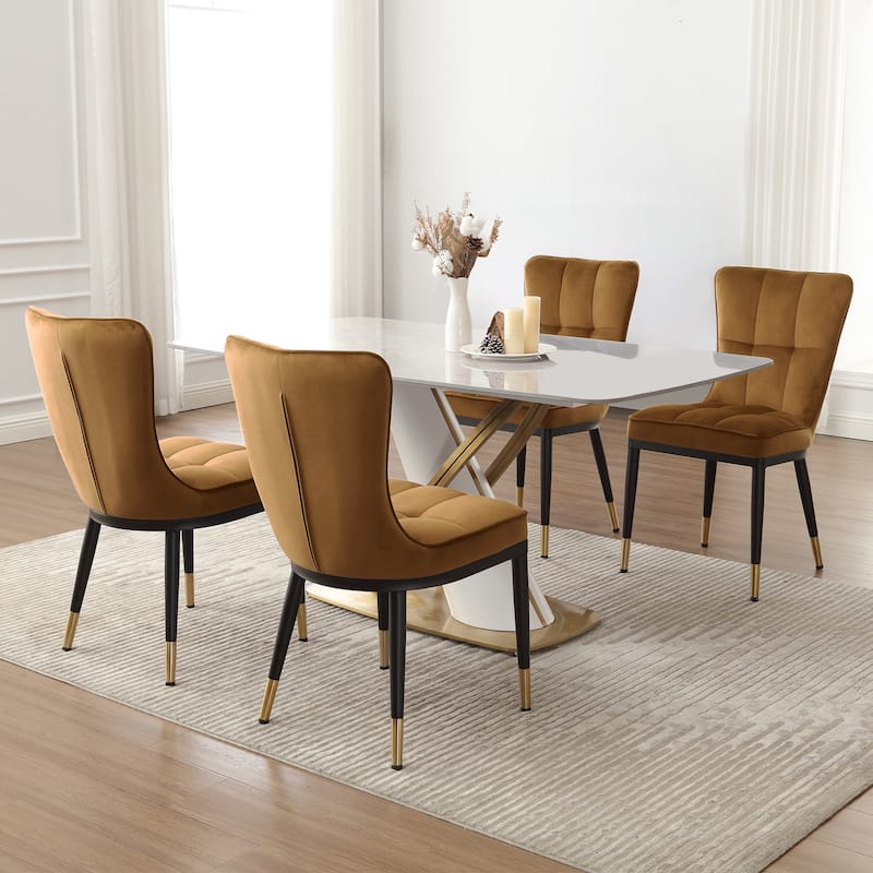 Velvet Upholstered Dining Chairs with Metal Legs, Set of 2/4 - 35.8"H x 18.9"W x 23.2"D - Set of 4 - Khaki