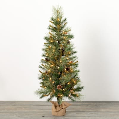 4'H Sullivans Lit Mixed Pine Tree In Burlap, Green - 15"L x 15"W x 4'H