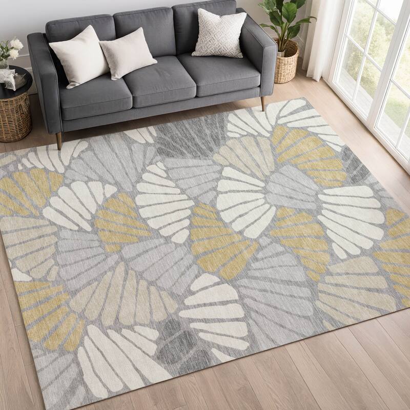 Machine Washable Indoor/ Outdoor Floral Modern Chantille Rug