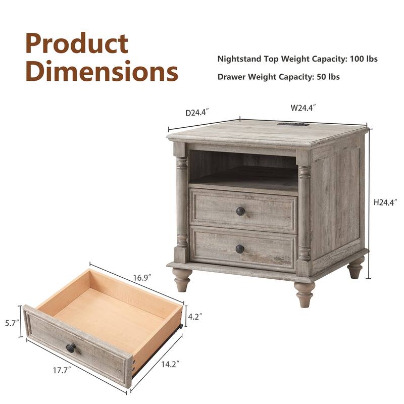 Farmhouse Nightstand Set of 2 with Solid Wood Feet, Charging Station