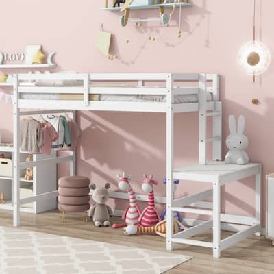 Twin Size Pine Wood High Loft Bed with Ladder and Guardrails