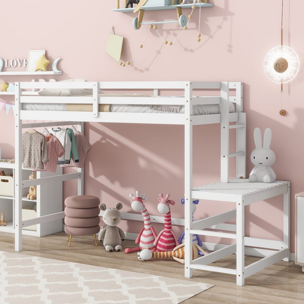 Twin Size Pine Wood High Loft Bed with Ladder landing Platform, Ladders, Guardrails