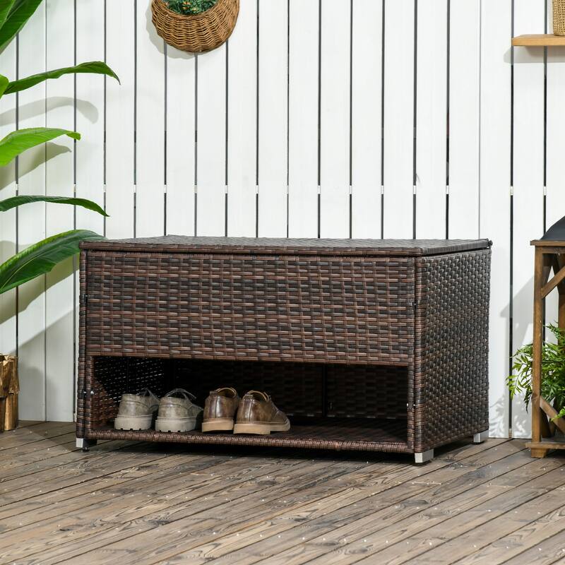 Brown Tropical Rattan Storage Deck Box with Hydraulic Lid, Under Shelf and Wheels for Patio Poolside