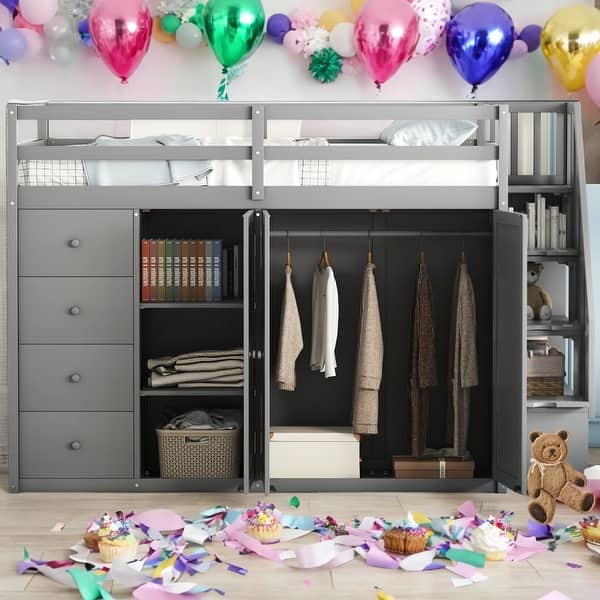 slide 2 of 9, Full Size Functional And Stylish Wood Loft Bed With Built-in Wardrobes,Cabinets And Drawers Grey