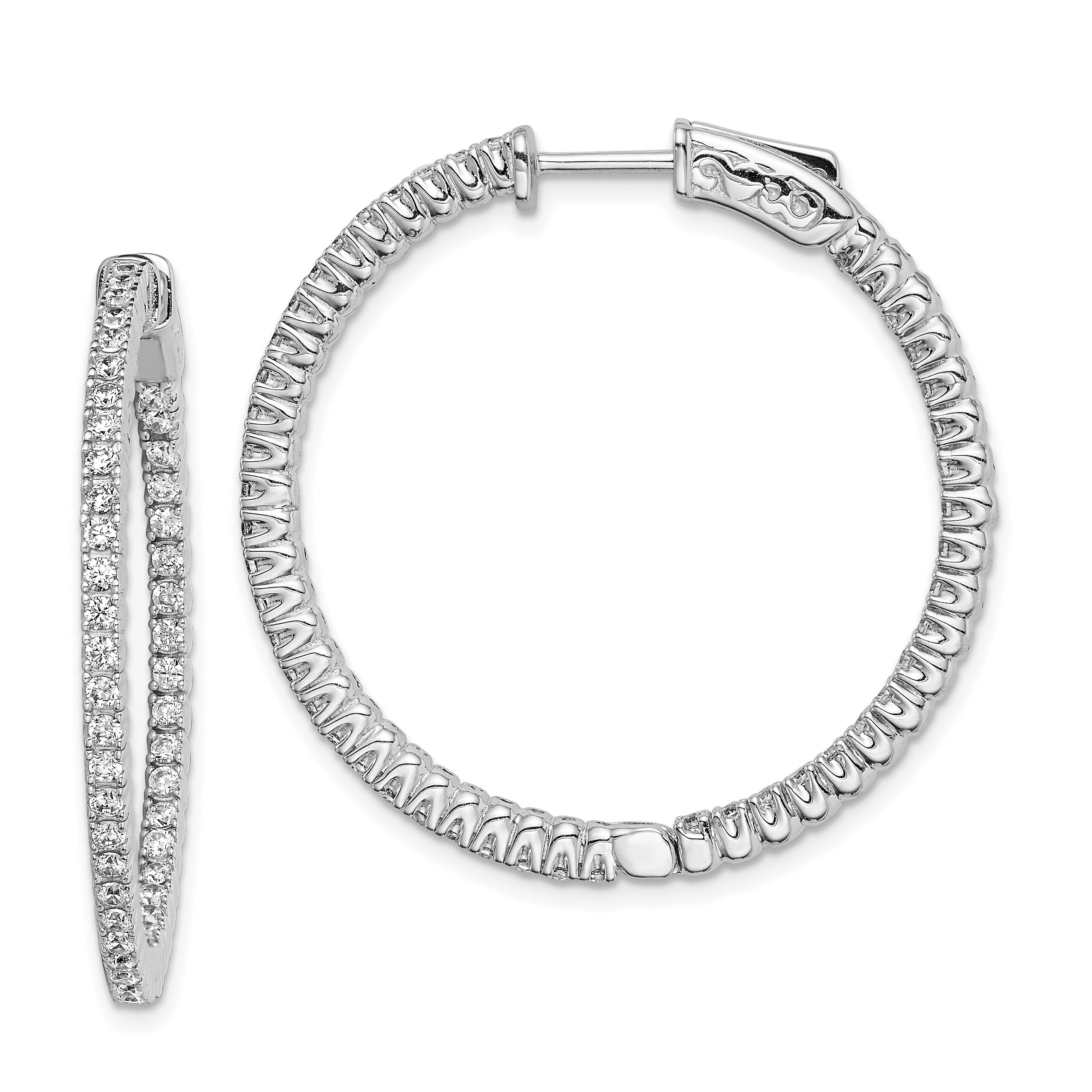 925 Sterling Silver Rhodium-plated CZ In /& Out Hinged Hoop Earrings