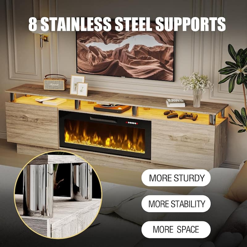 BOSSIN 80" TV Stand Entertainment Center with 36" Electric Fireplace, for TVs up to 90", High Gloss Cabinet with LED Light