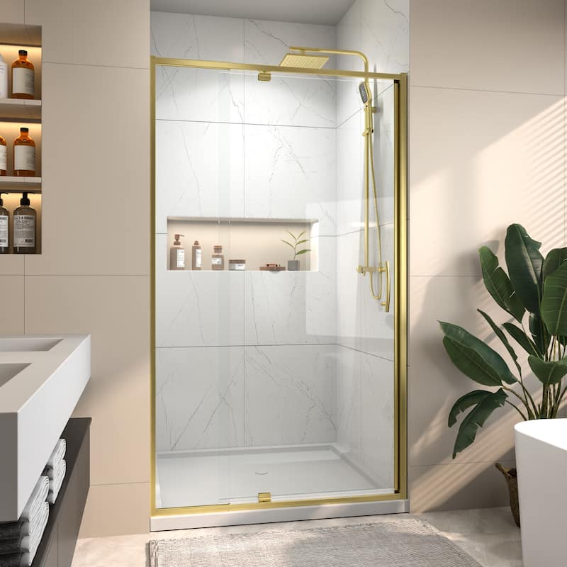 Modland 38-42"x71'' Adjustable Pivot Shower Door - Auto-Lift Hinge, Magnetic Seal, 5 Finishes for Uneven Walls - 42''x 71'' - Brushed Gold