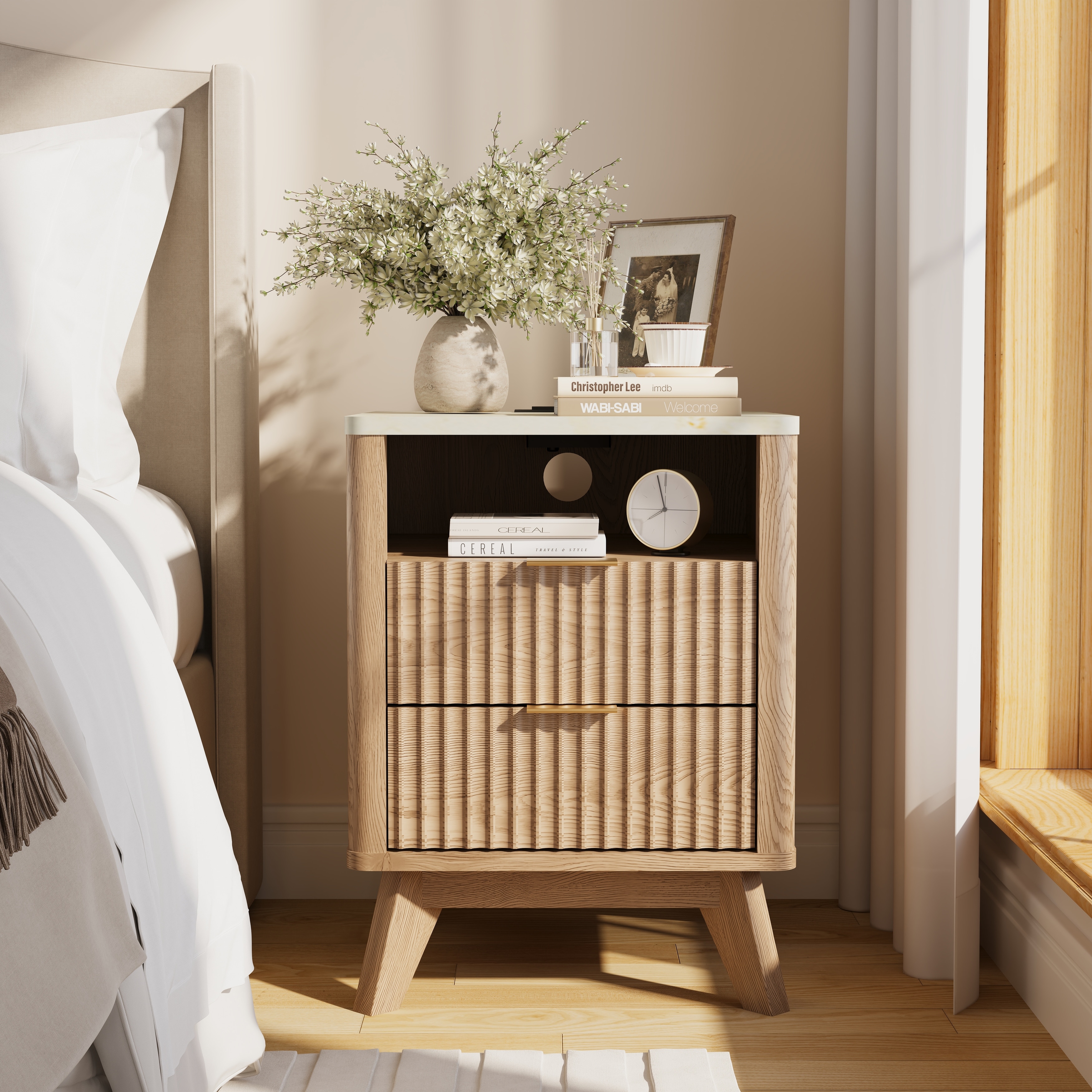 Modern Minimalist Side Table, Fluted Nighstand End Table for Bedroom