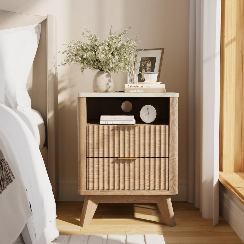 Modern Minimalist Side Table, Fluted Nighstand End Table for Bedroom