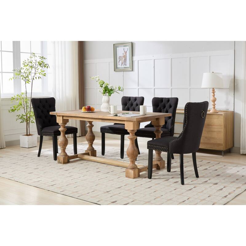 Set of 2 Linen Upholstered Dining Chair with Wood Legs, Nailhead Trim