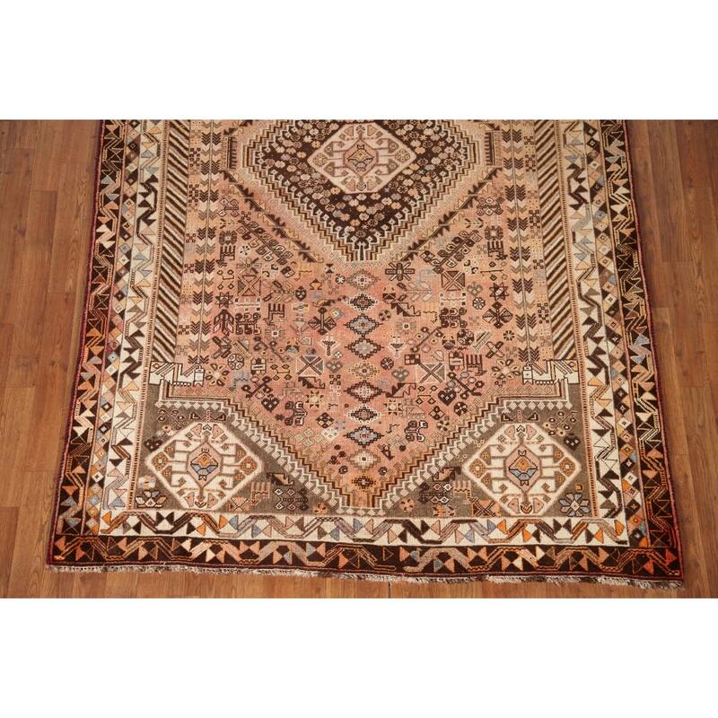 Hand Knotted Oriental 100% Wool Carpet Traditional Tribal Peach Shiraz Area Rug - 8' 7'' X 5' 6''