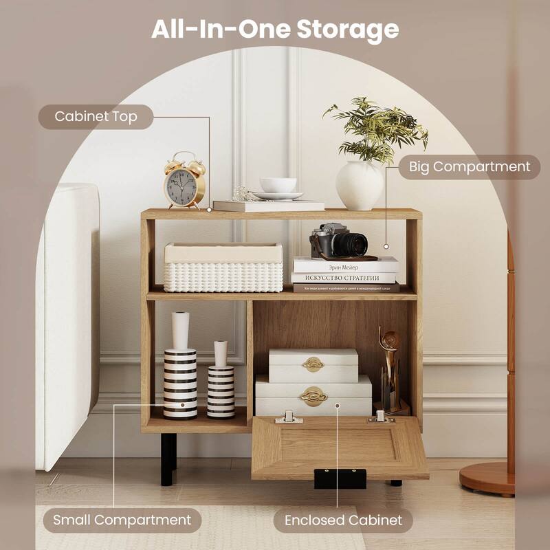 Costway Boho Rattan Nightstand Wooden End Table with Storage Shelf