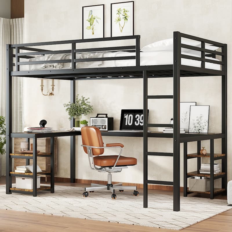 Twin XL Metal Loft Bed with Desk and Shelves, Ladder & Guardrails - Black