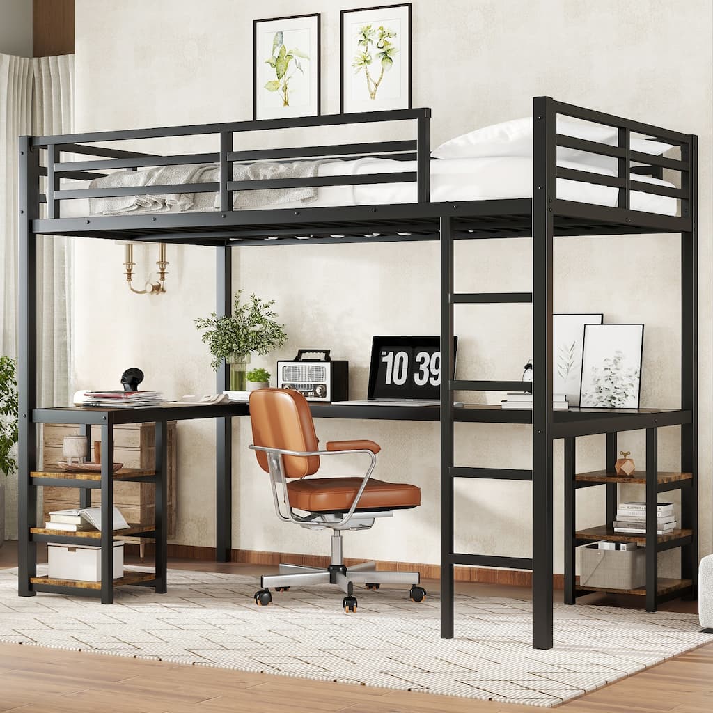 Twin XL Metal Loft Bed with Desk and Shelves, Ladder & Guardrails