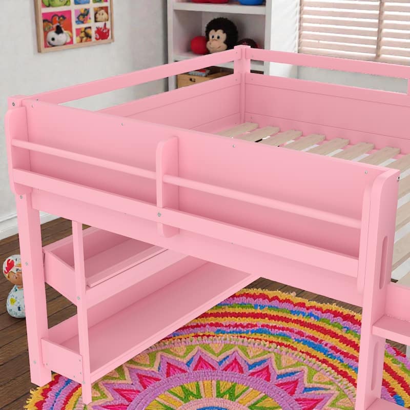 Low Loft Bed with Desk, Storage Bookcases, Drawers & Boxes, Solid Wood Kids Loft Bed with Blackboard Shelf
