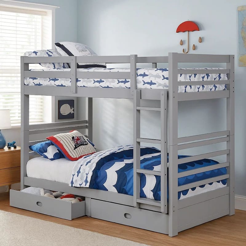 Transitional Twin Over Twin Bed with Attached Ladder and Drawers, Gray