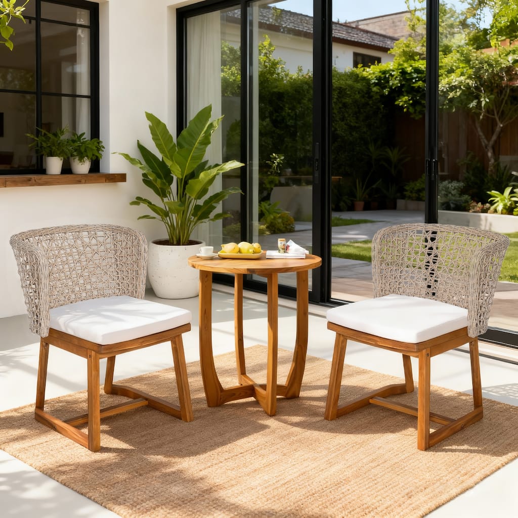 Scott Living Dome Outdoor Dining Chair Acacia Wood and Light Brown Wicker, Set of 2
